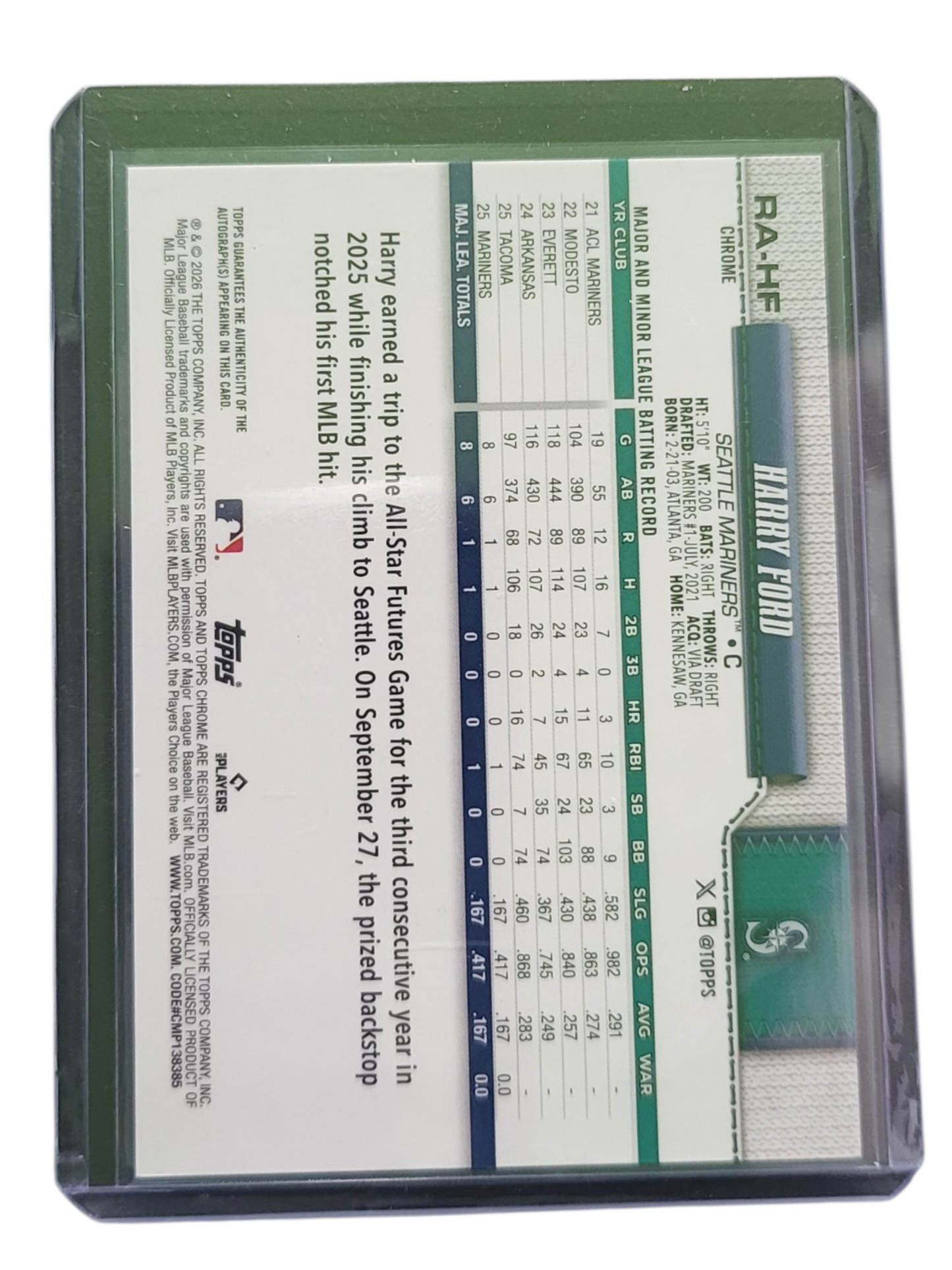 2026 Topps Chrome Harry Ford #RA-HF Green Refractor 024/199 RC