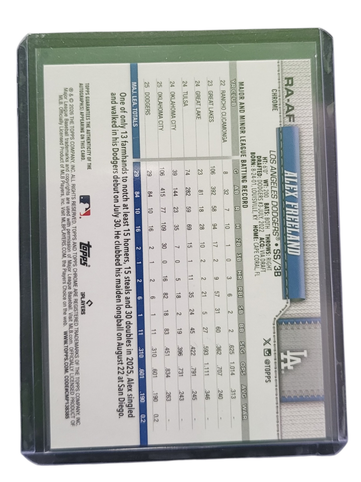 2026 Topps Chrome Alex Freeland #RA-AF Green RC