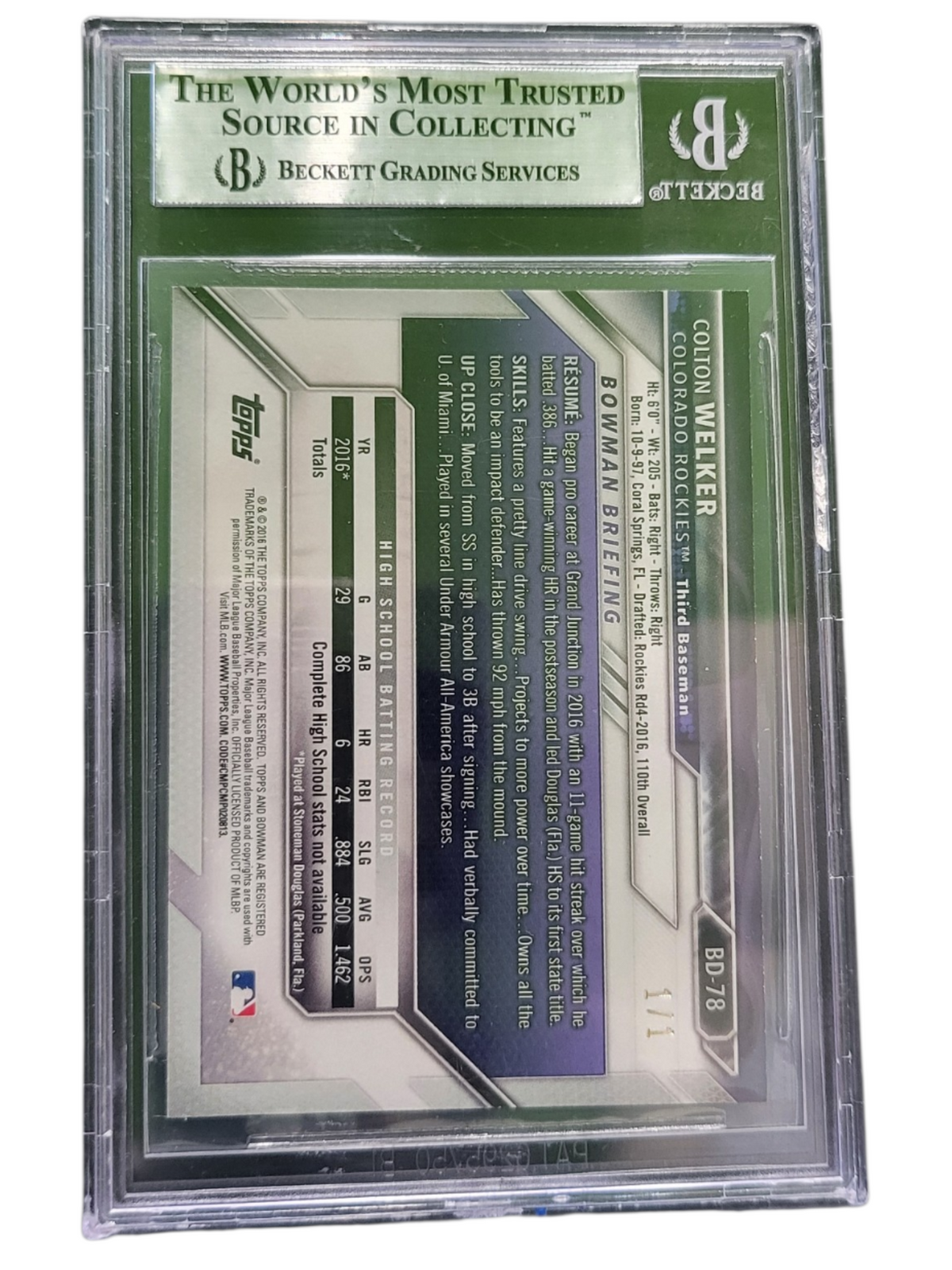 2016 Bowman Draft Black Colton Welker #BD78 BGS 9