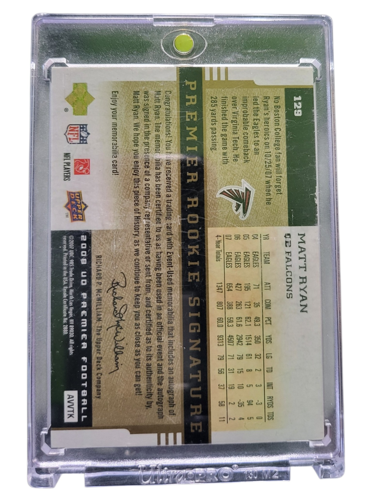 2008 Upper Deck Premier Matt Ryan #129 Authentic Patch 26/30