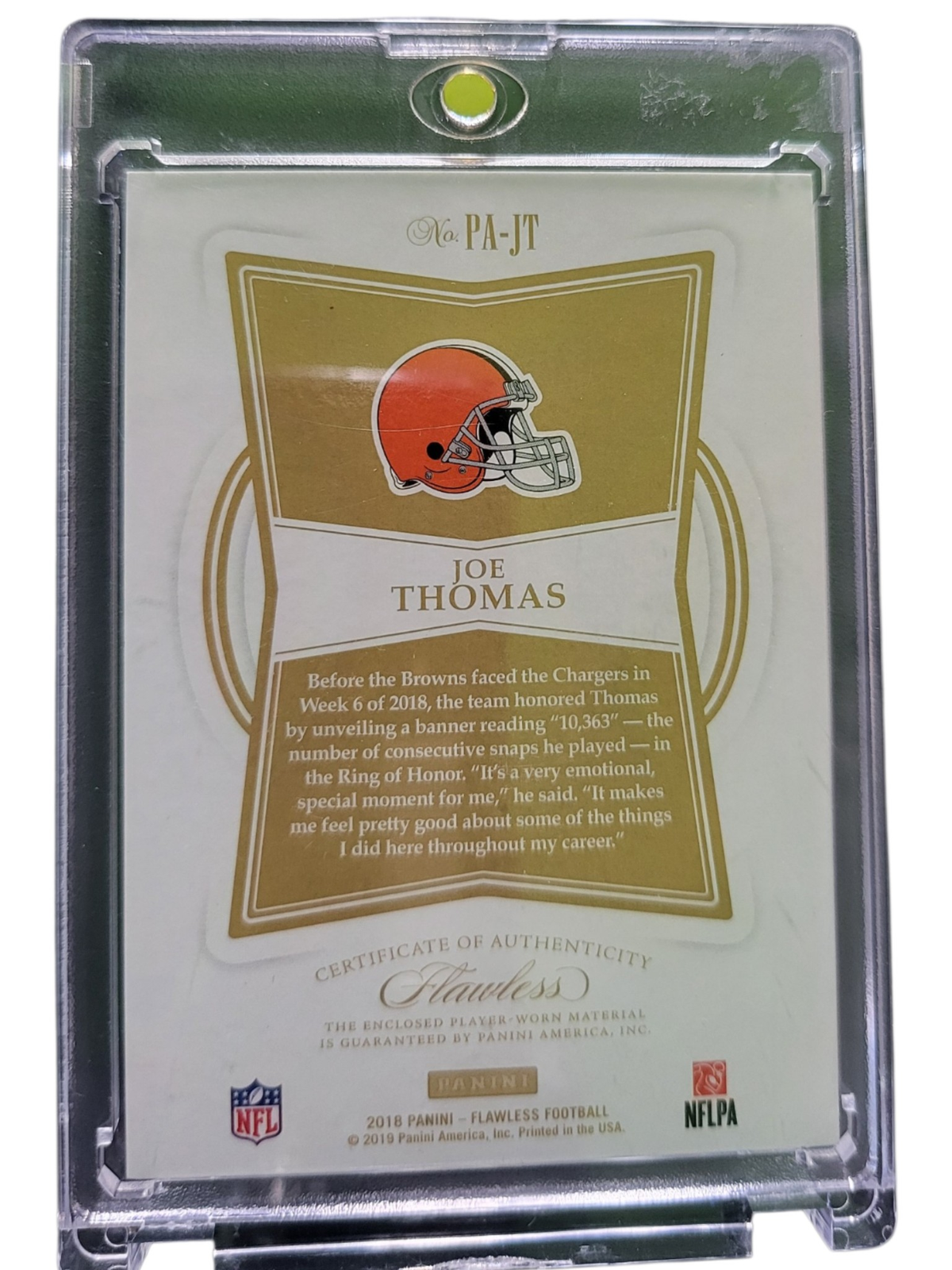 2019 Panini Flawless Football Joe Thomas #PA-JT 09/10 Patch Memorabilia