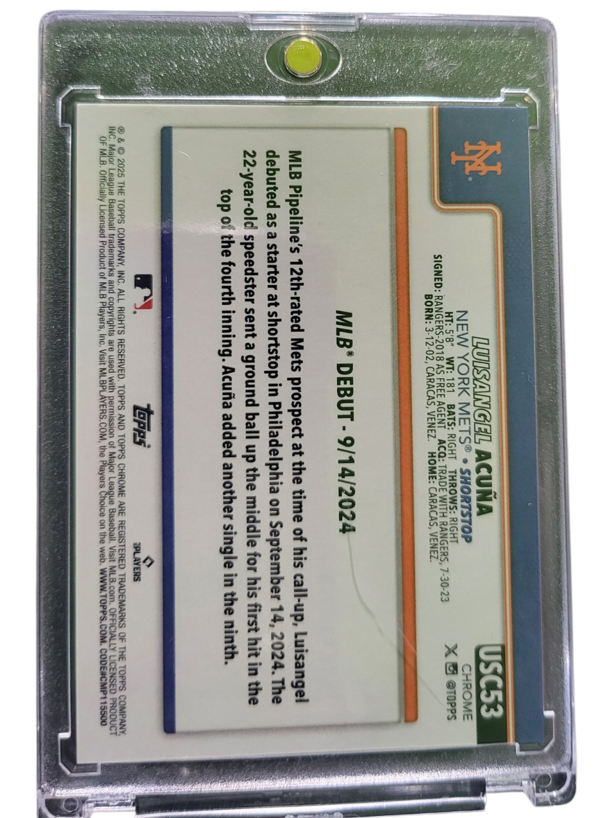 2025 Topps Chrome Update Luisangel Acuña #USC53 Orange Sapphire RC 15/25