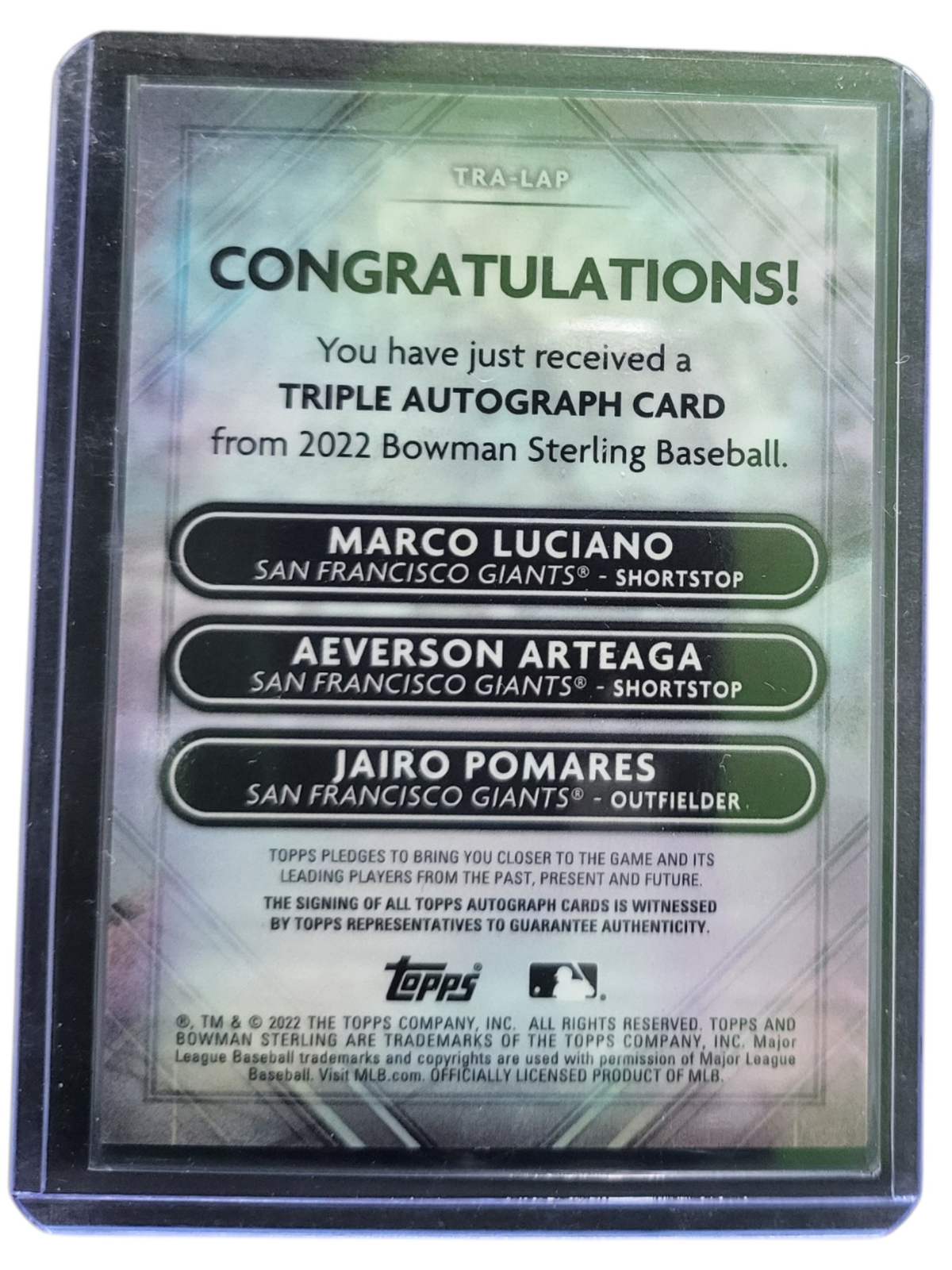 2022 Bowman Aeverson Arteaga Jairo Pomares Marco Luciano #TRA-LAP Green /25