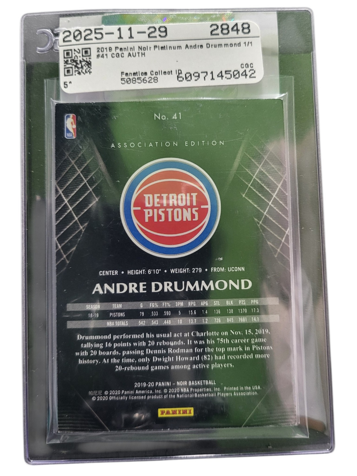 2020 Panini Noir Andre Drummond #41 Platinum