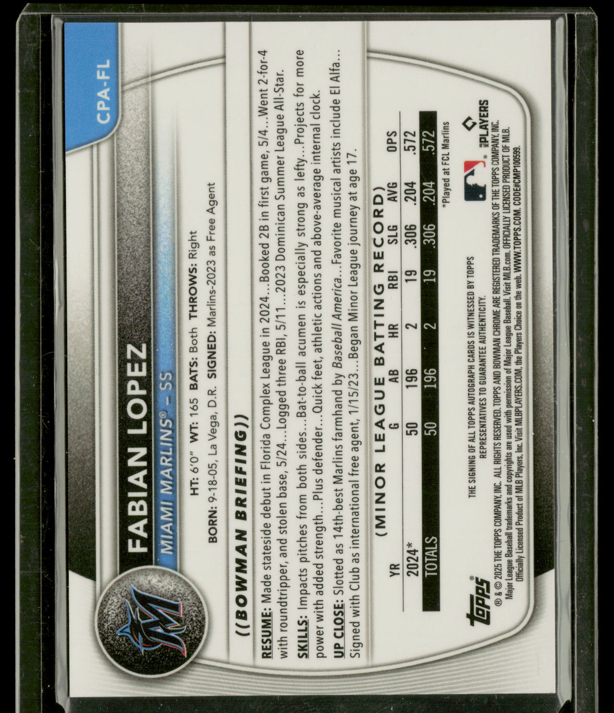 2025 Bowman Chrome Fabian Lopez #CPA-FL Speckle Refractor 122/299