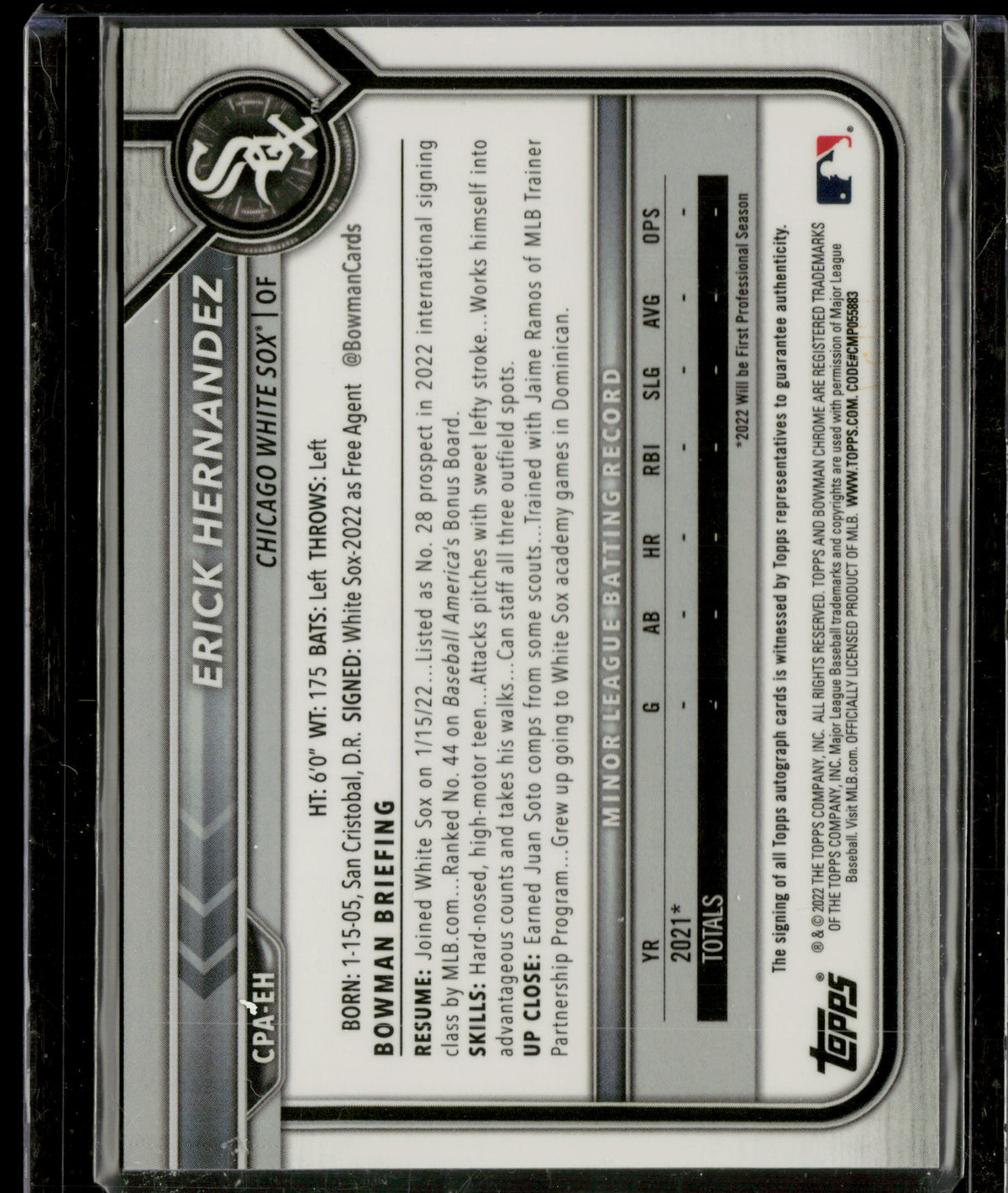 2022 Bowman Chrome Erick Hernandez #CPA-EH Blue Mojo Refractor 006/150
