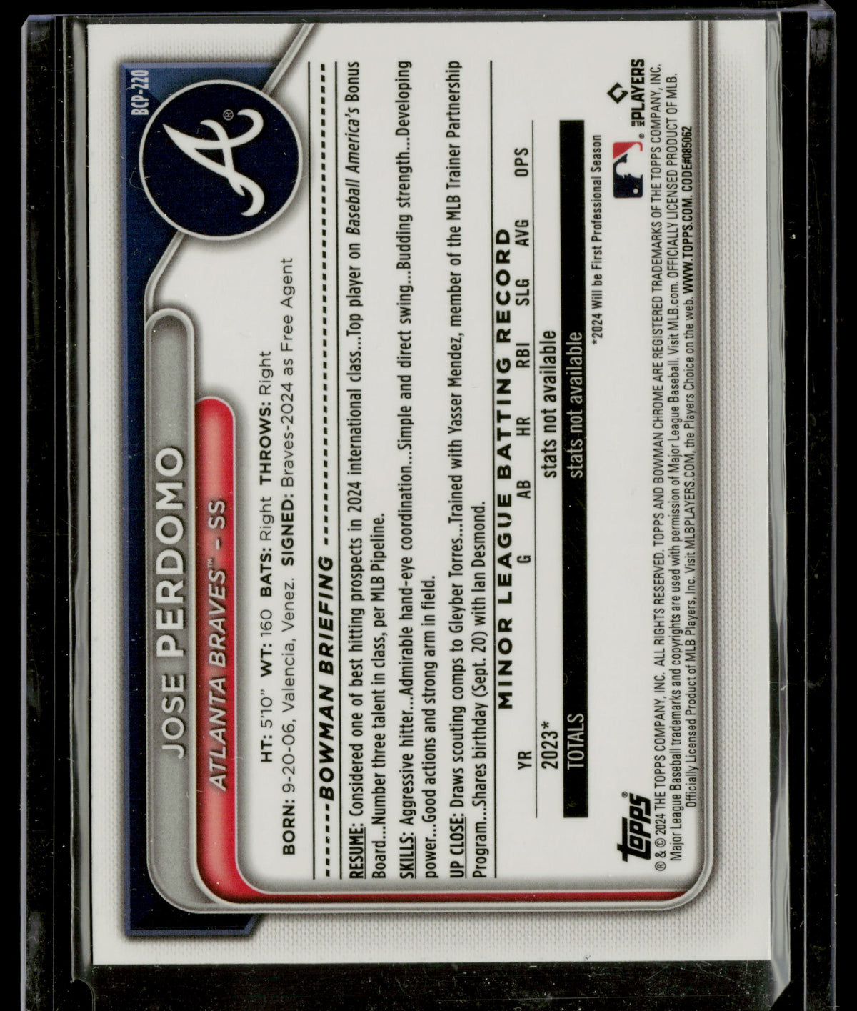 2024 Bowman Chrome Jose Perdomo #BCP-220 Sapphire 1st Bowman