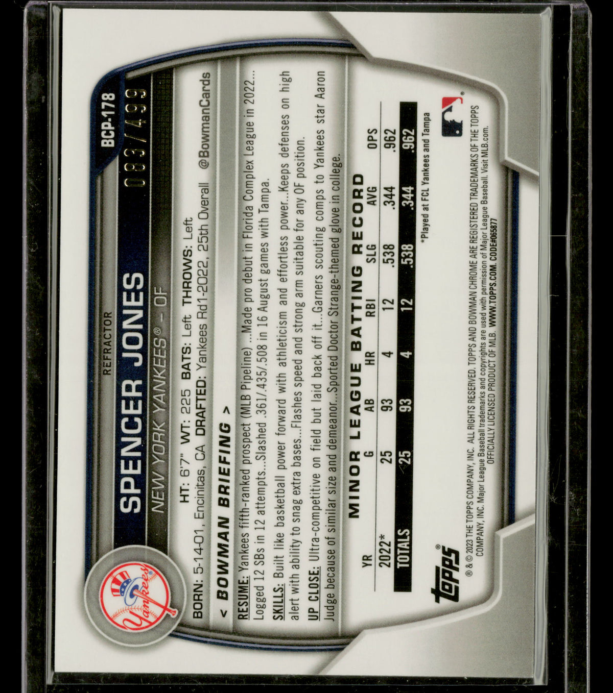 2023 Bowman Chrome Spencer Jones #BCP-178 Refractor 083/499