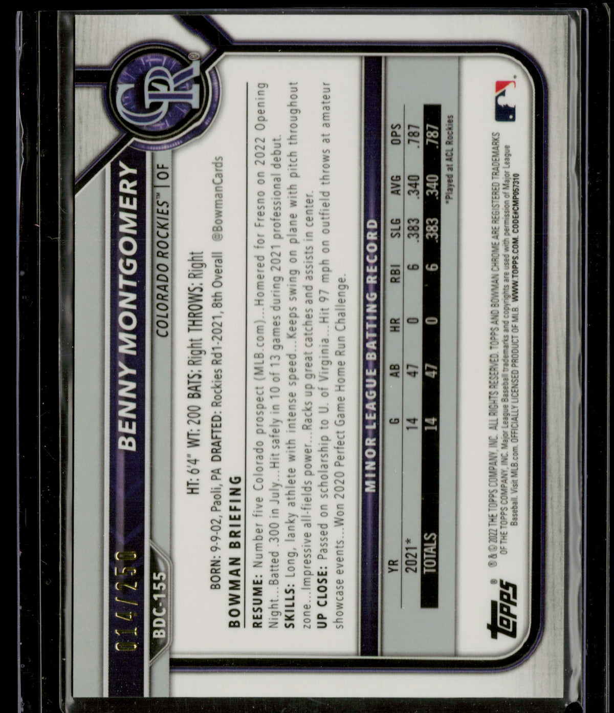 2022 Bowman Draft Chrome Benny Montgomery #BDC-155 Purple Refractor 014/250
