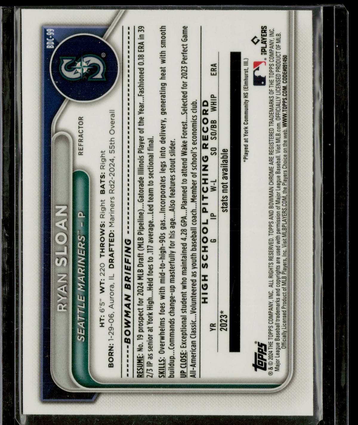2024 Bowman Draft Chrome Ryan Sloan #BDC-99 Refractor