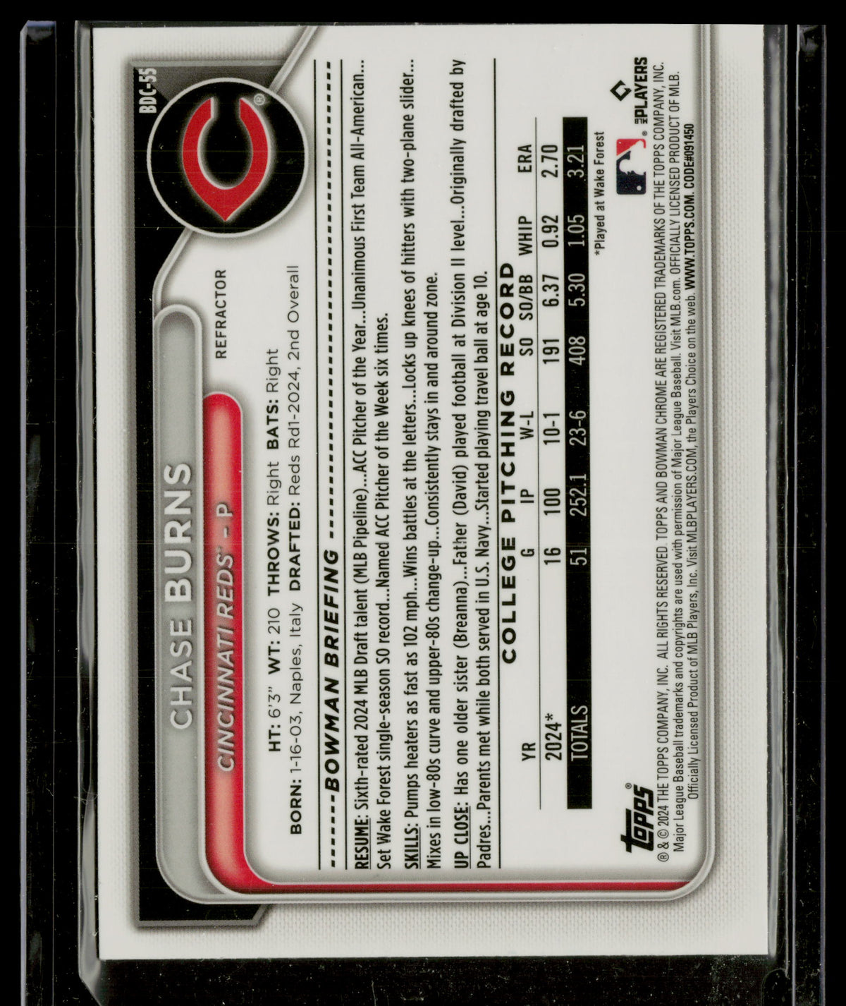 2024 Bowman Draft Chrome Chase Burns #BDC-55 Refractor