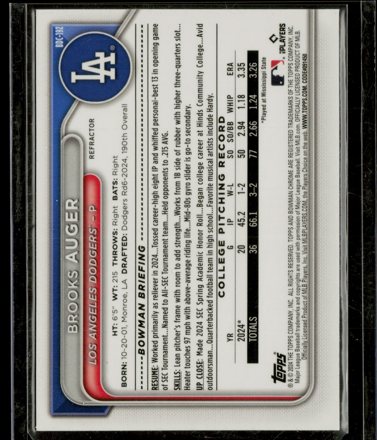 2024 Bowman Draft Brooks Auger #BDC-192 Refractor