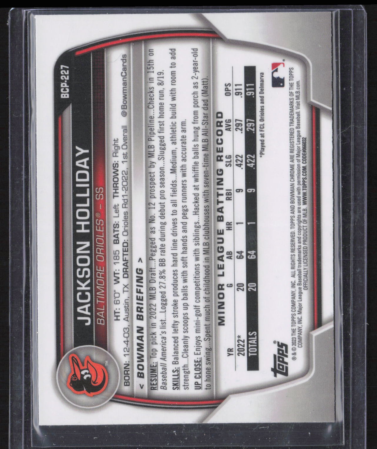 2023 Bowman Chrome Jackson Holliday #BCP-227 Green Mojo Refractor
