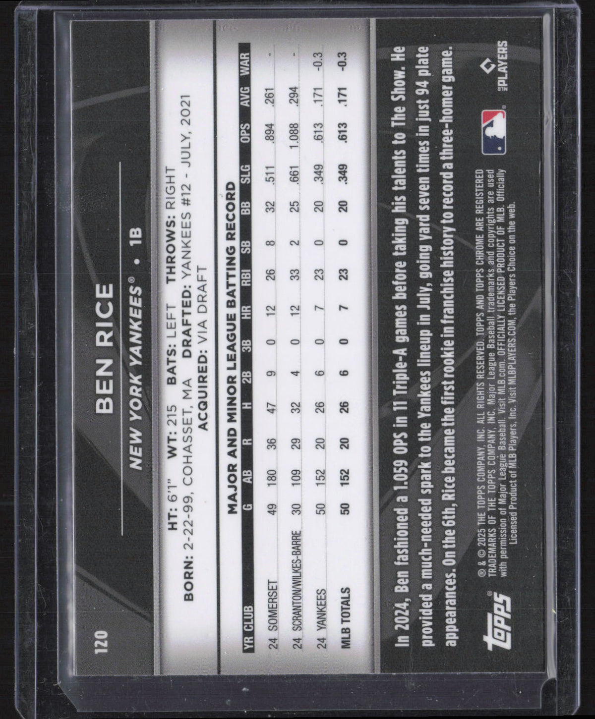 2025 Topps Chrome Black Ben Rice #120 RC