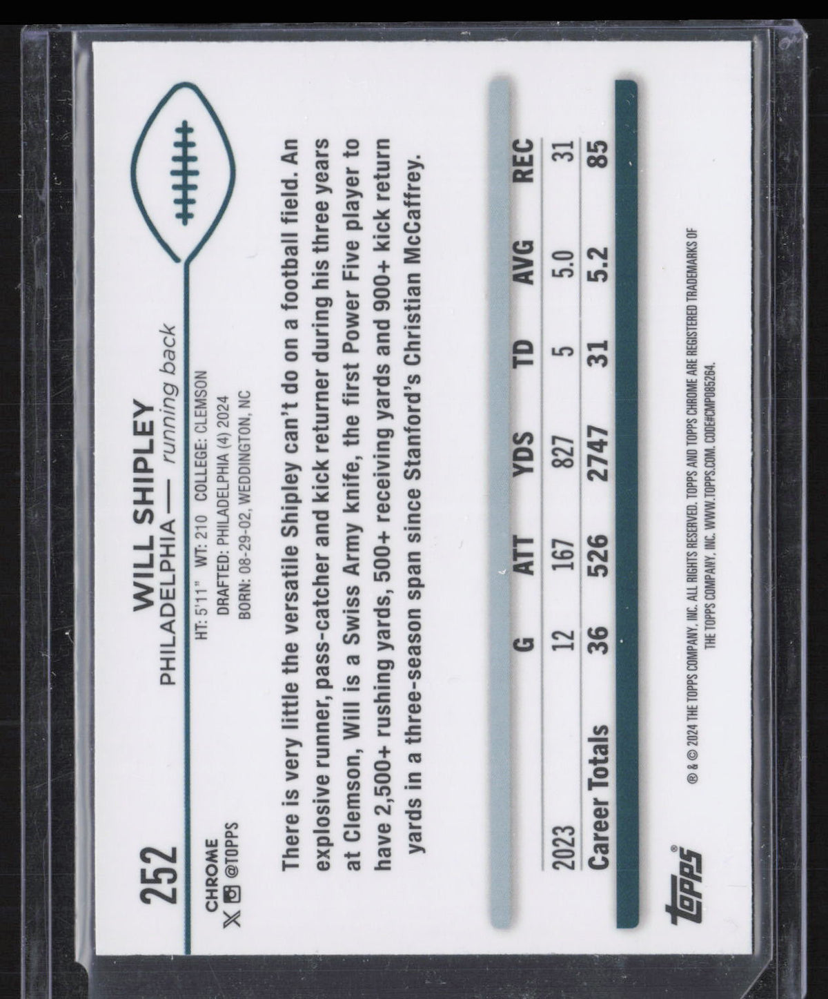 2024 Topps Chrome Will Shipley #252 Negative RC