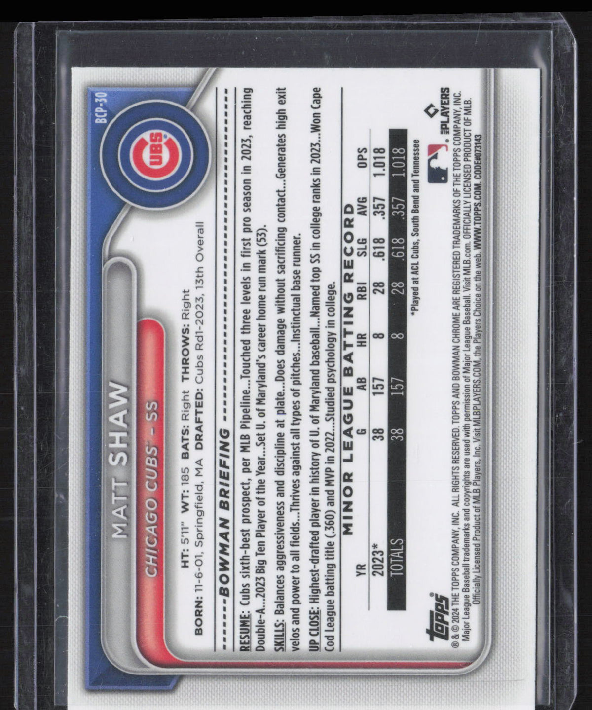 2024 Bowman Chrome Matt Shaw #BCP-30 Green
