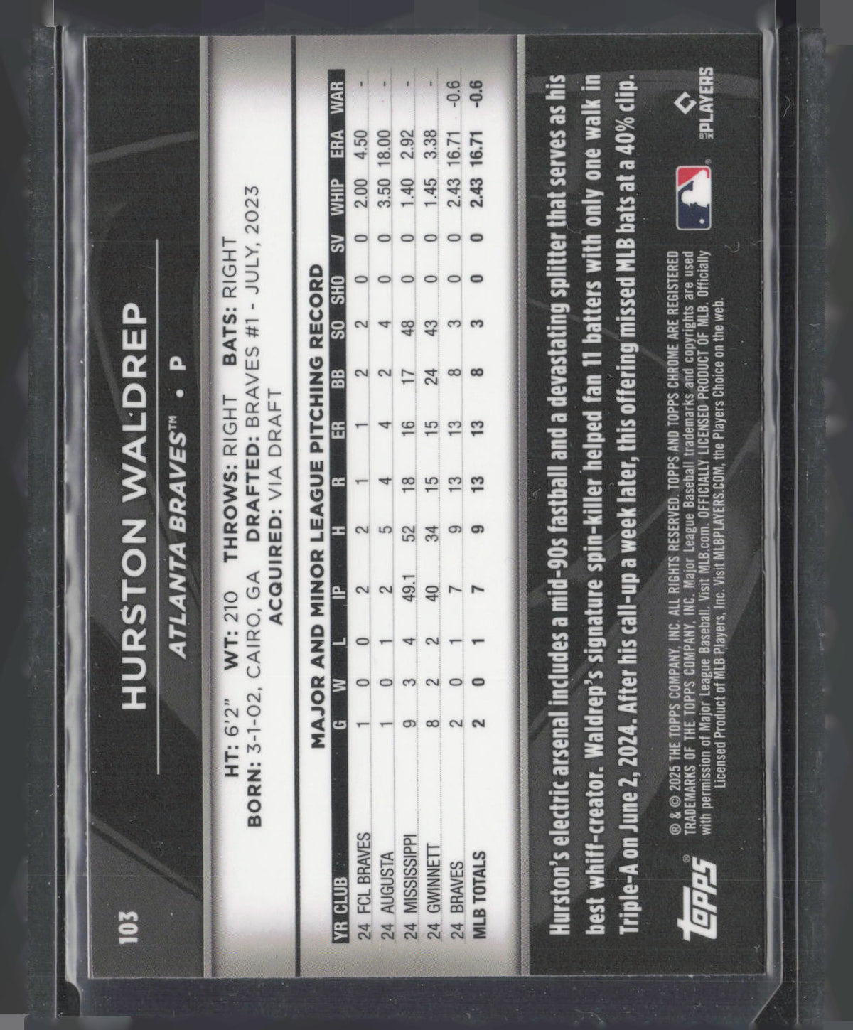 2025 Topps Chrome Black Hurston Waldrep #103 RC