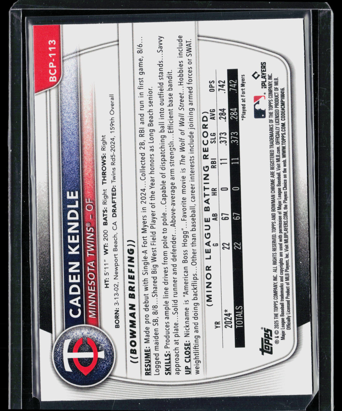 2025 Bowman Chrome Caden Kendle #BCP-113 Speckle Refractor