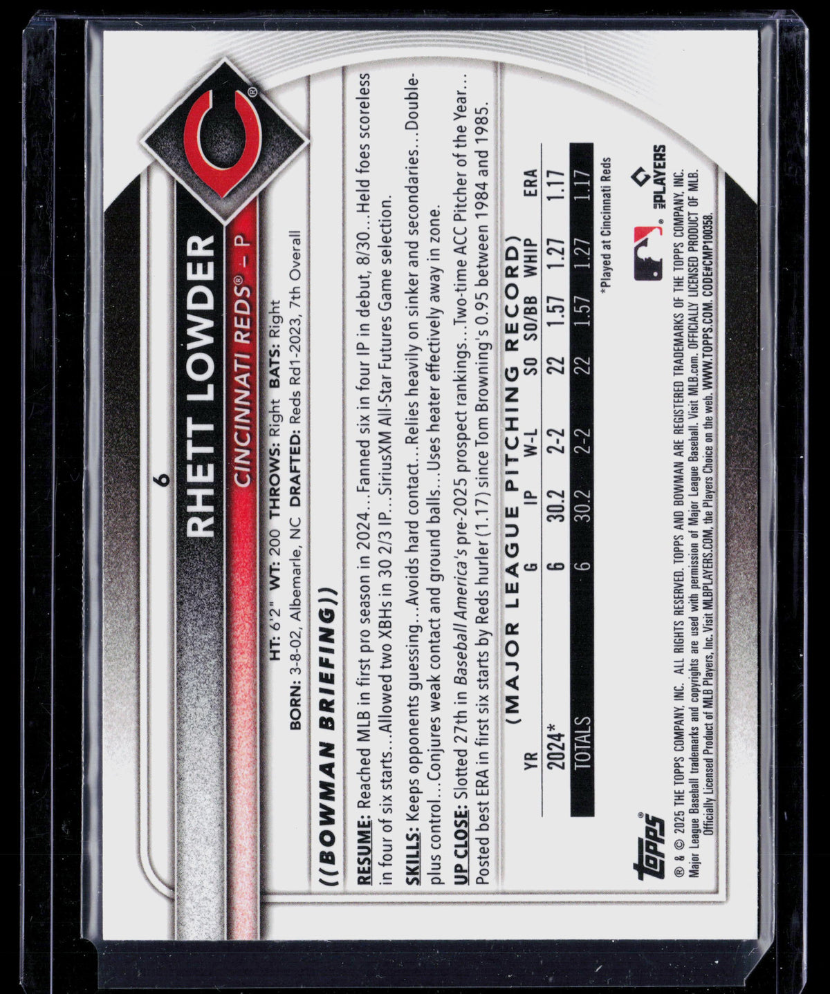 2025 Bowman Chrome Rhett Lowder #6 RC