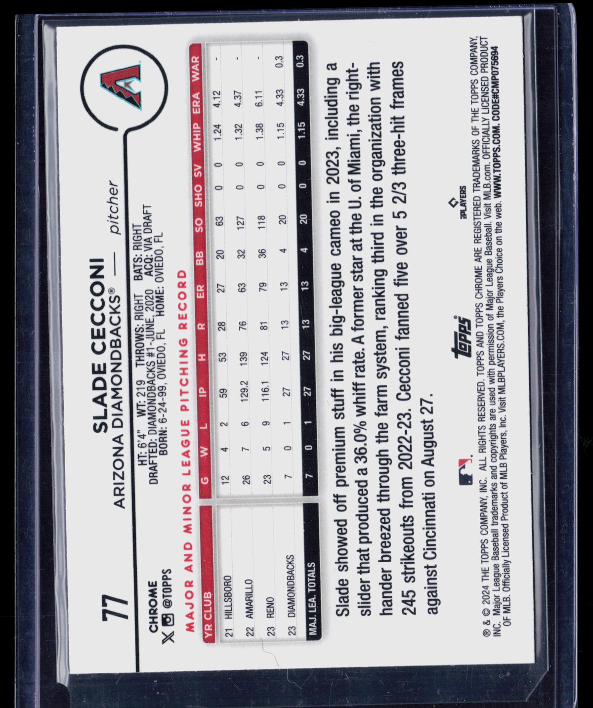 2024 Topps Chrome Slade Cecconi #77 Pink RayWave RC