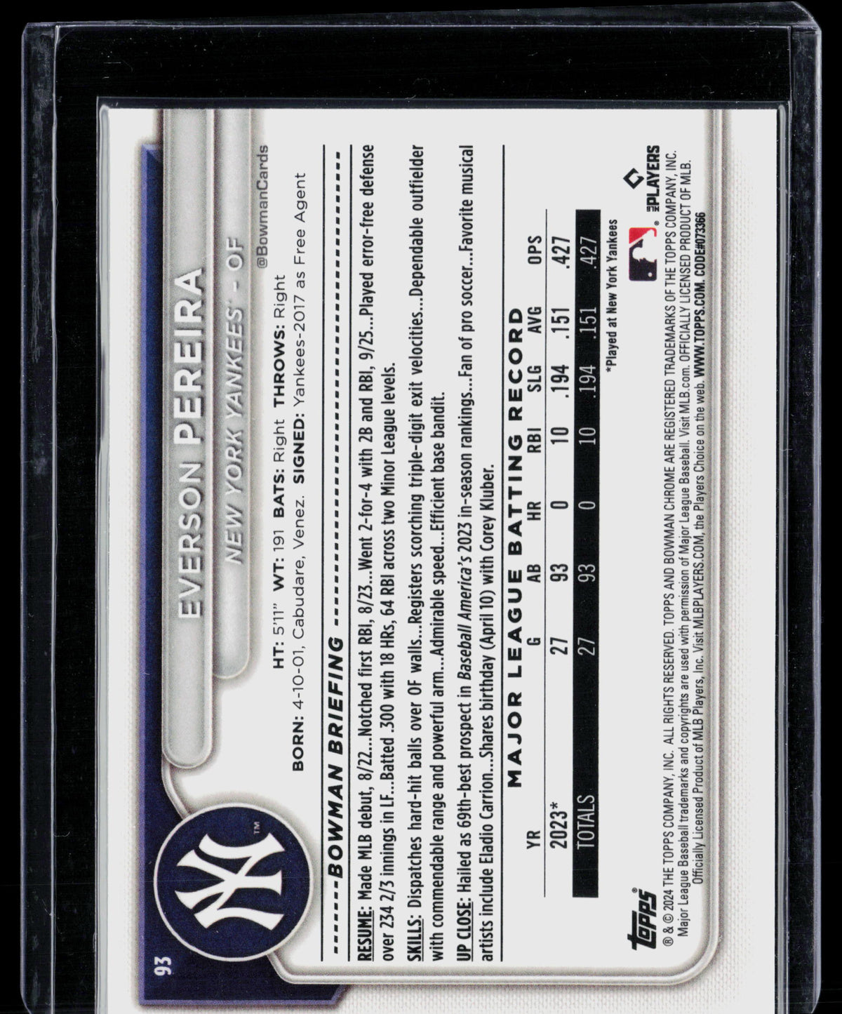 2024 Bowman Chrome Everson Pereira #93 Mega Box Mojo Refractor RC