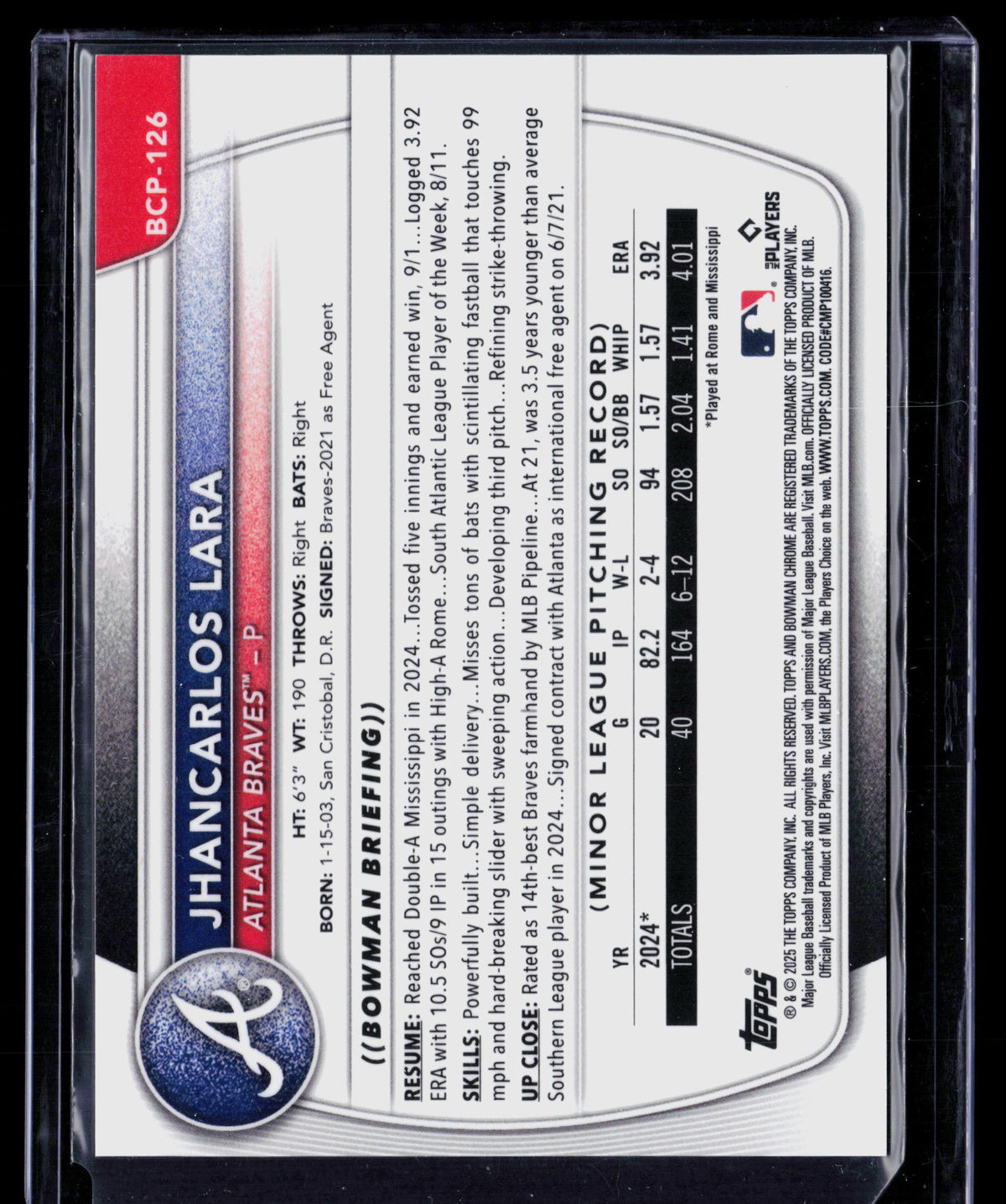 2025 Bowman Chrome Jhancarlos Lara #BCP-126 Purple