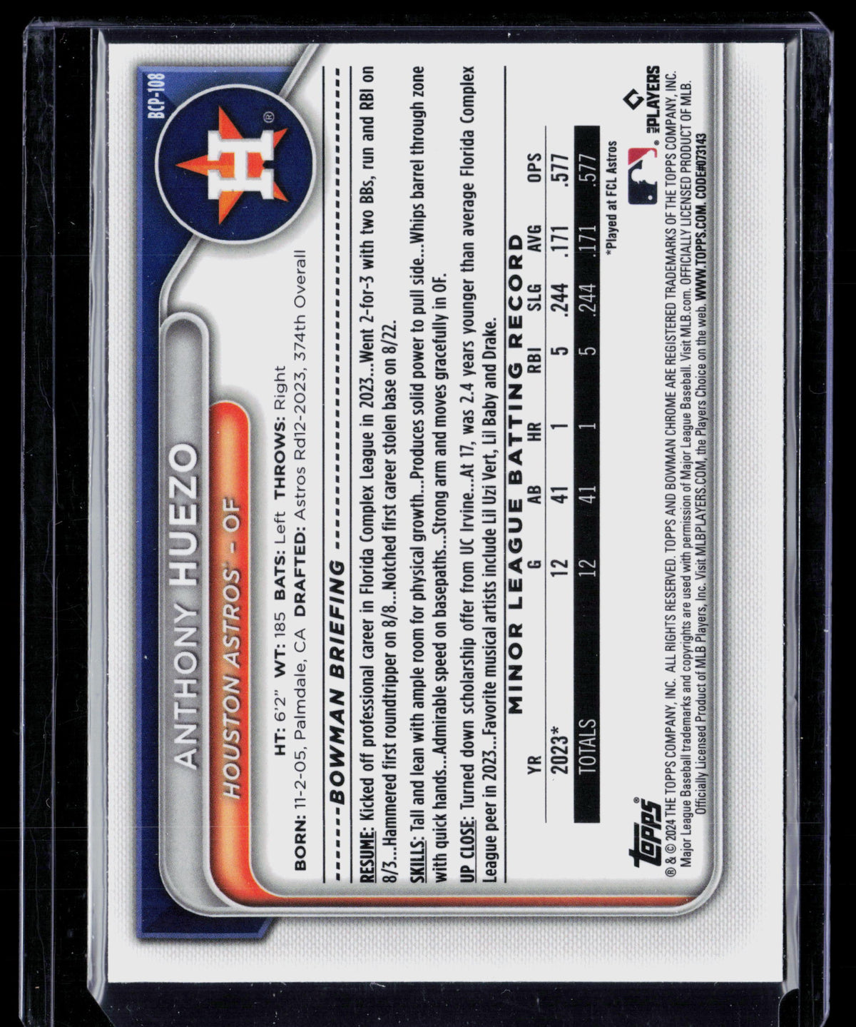 2024 Bowman Chrome Anthony Huezo #BCP-108 Green Shimmer
