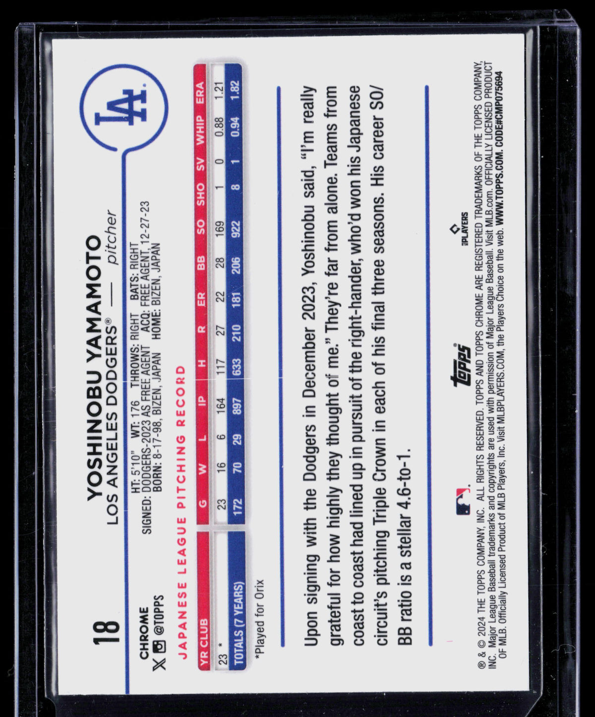 2024 Topps Chrome Yoshinobu Yamamoto #18 RC