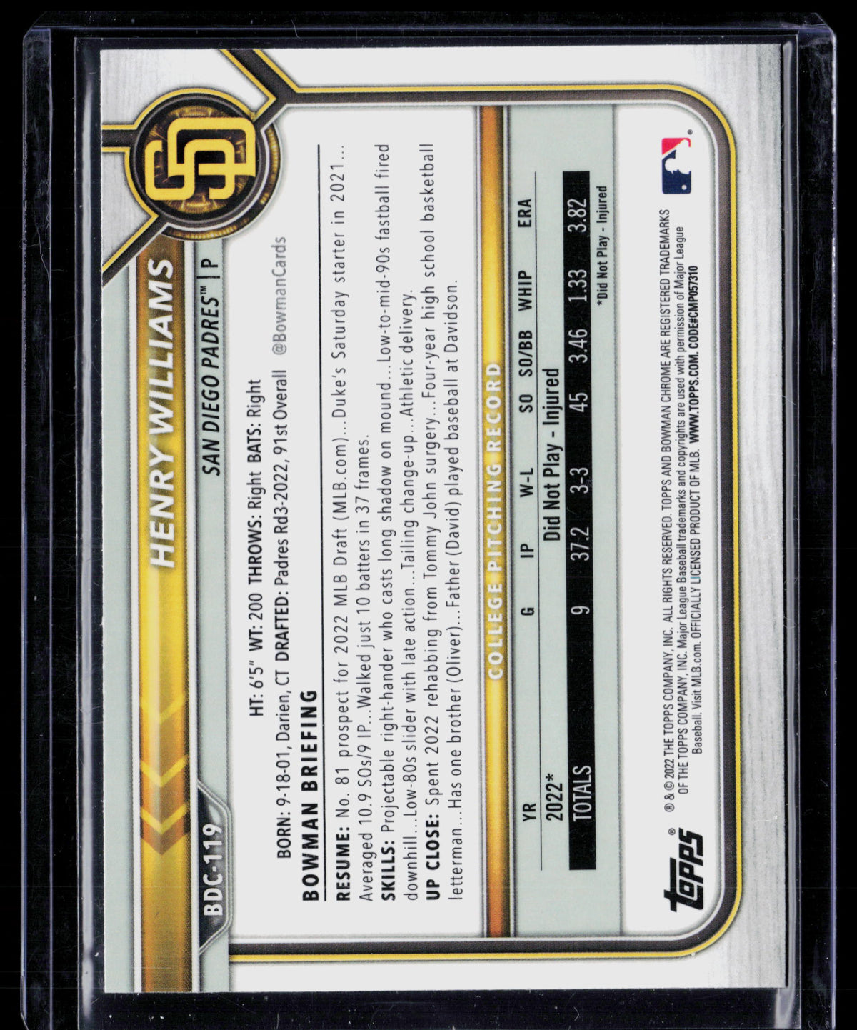 2022 Bowman Draft Chrome Henry Williams #BDC-119