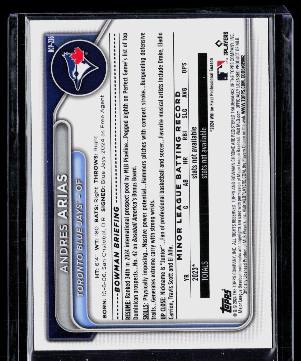 2024 Bowman Chrome Andres Arias #BCP-236 Purple Raywave 048/250