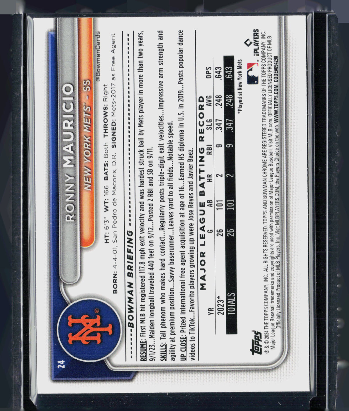 2024 Bowman Chrome Ronny Mauricio #24 Mega Box Mojo Refractor RC
