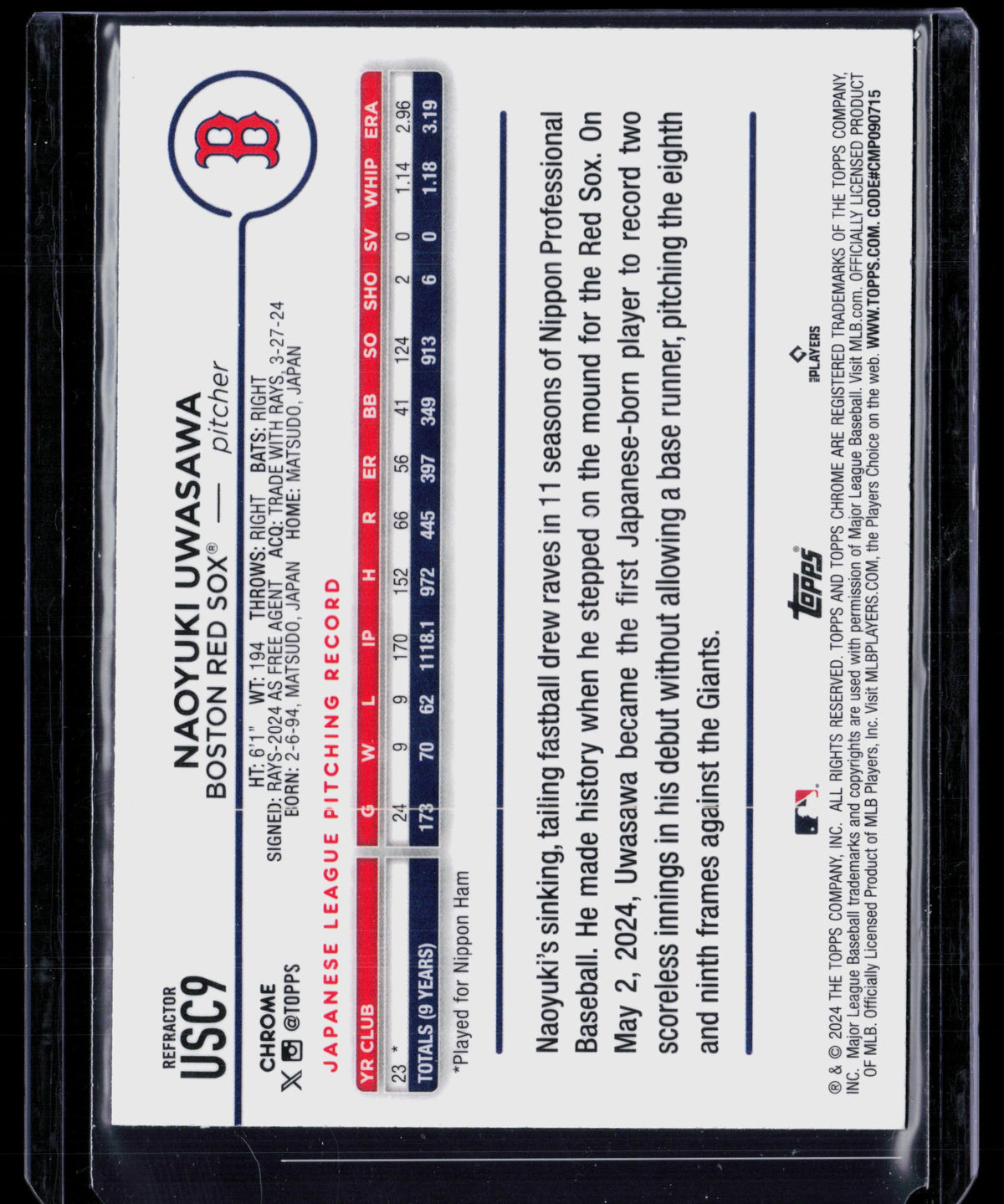 2024 Topps Chrome Update Naoyuki Uwasawa #USC9 Refractor RC