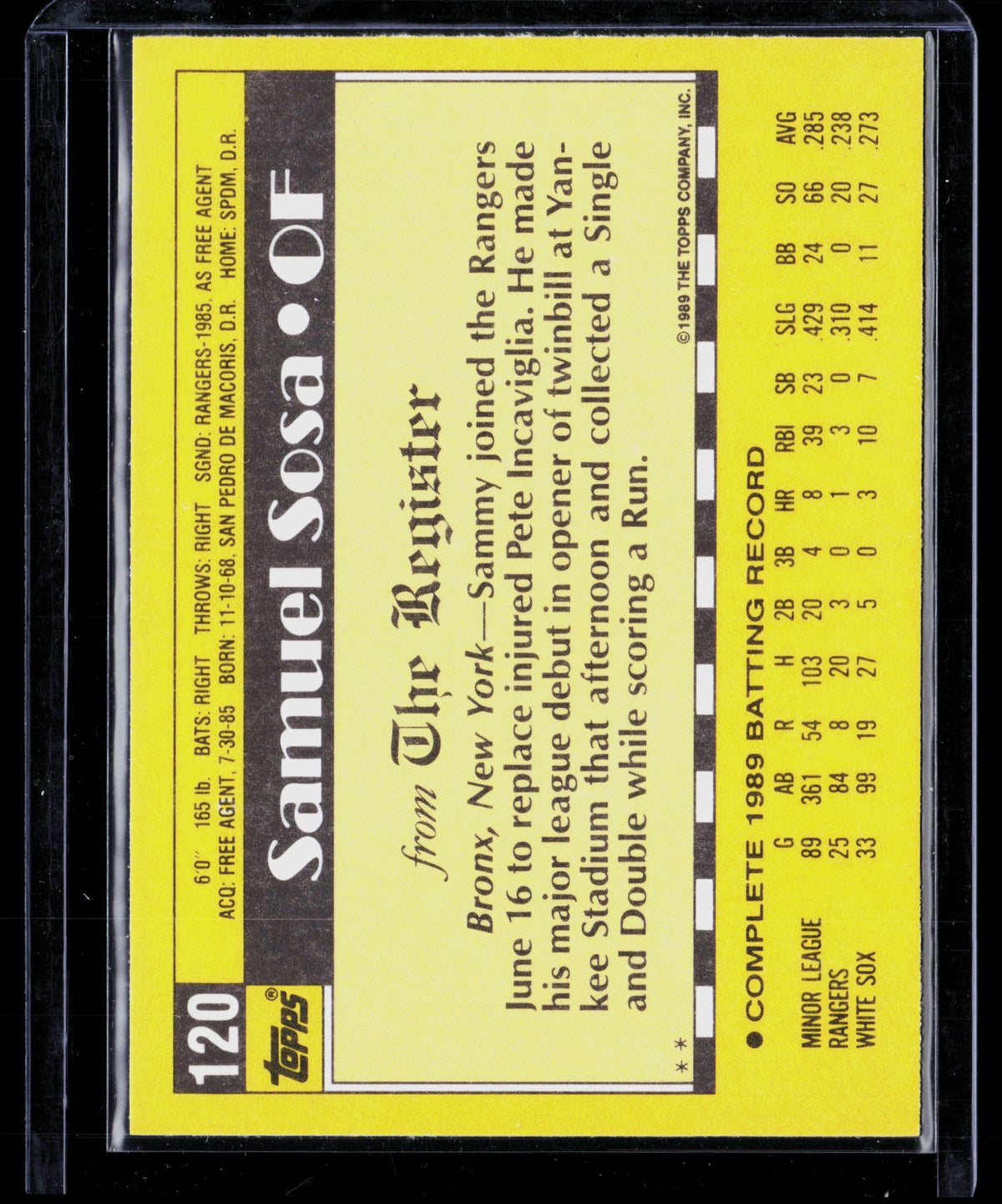 1989 Topps Major League Debut Sammy Sosa #120