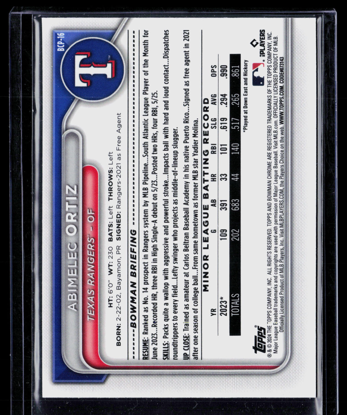 2024 Bowman Chrome Abimelec Ortiz #BCP-16 Blue Sapphire