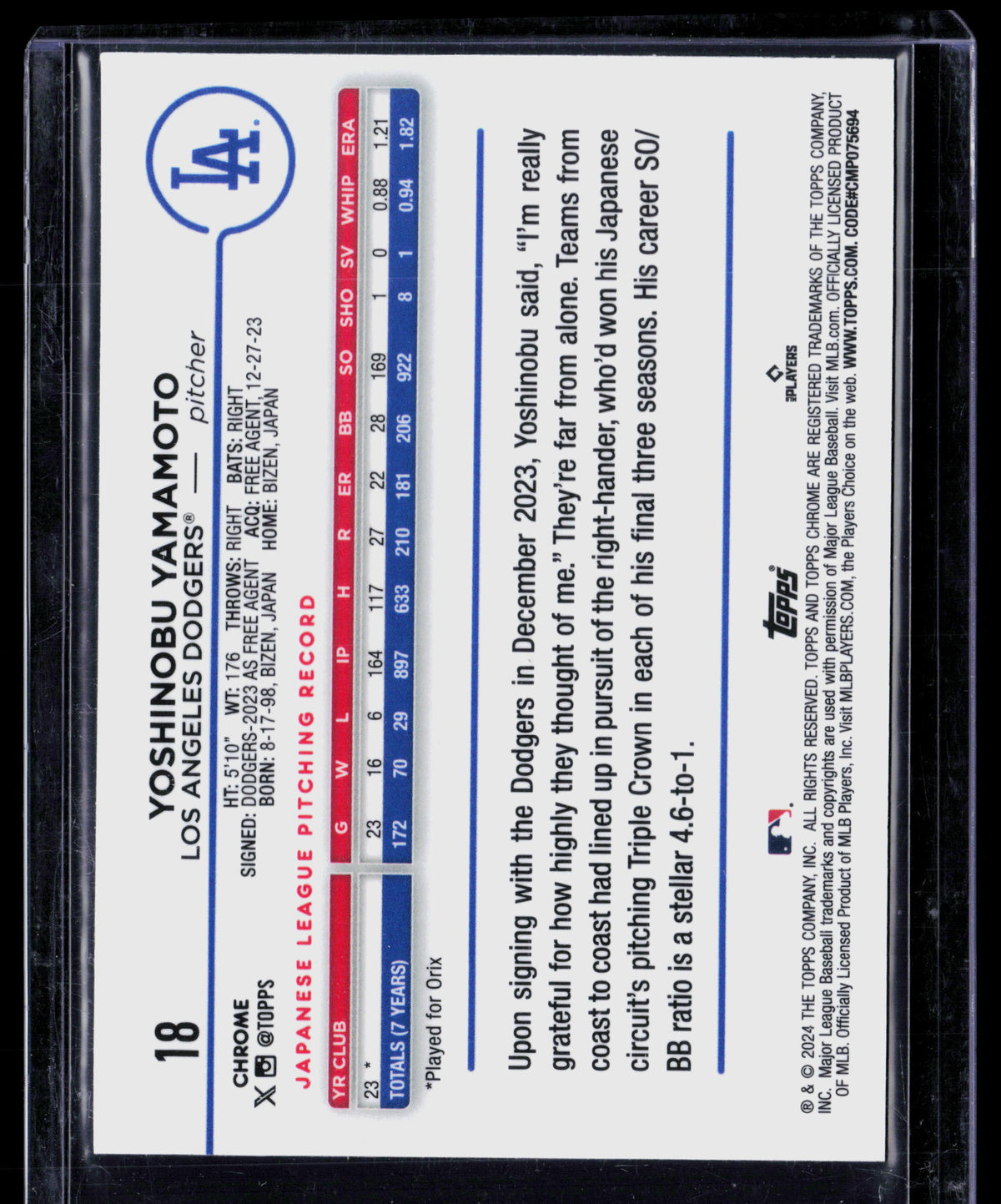2024 Topps Chrome Yoshinobu Yamamoto #18 RC