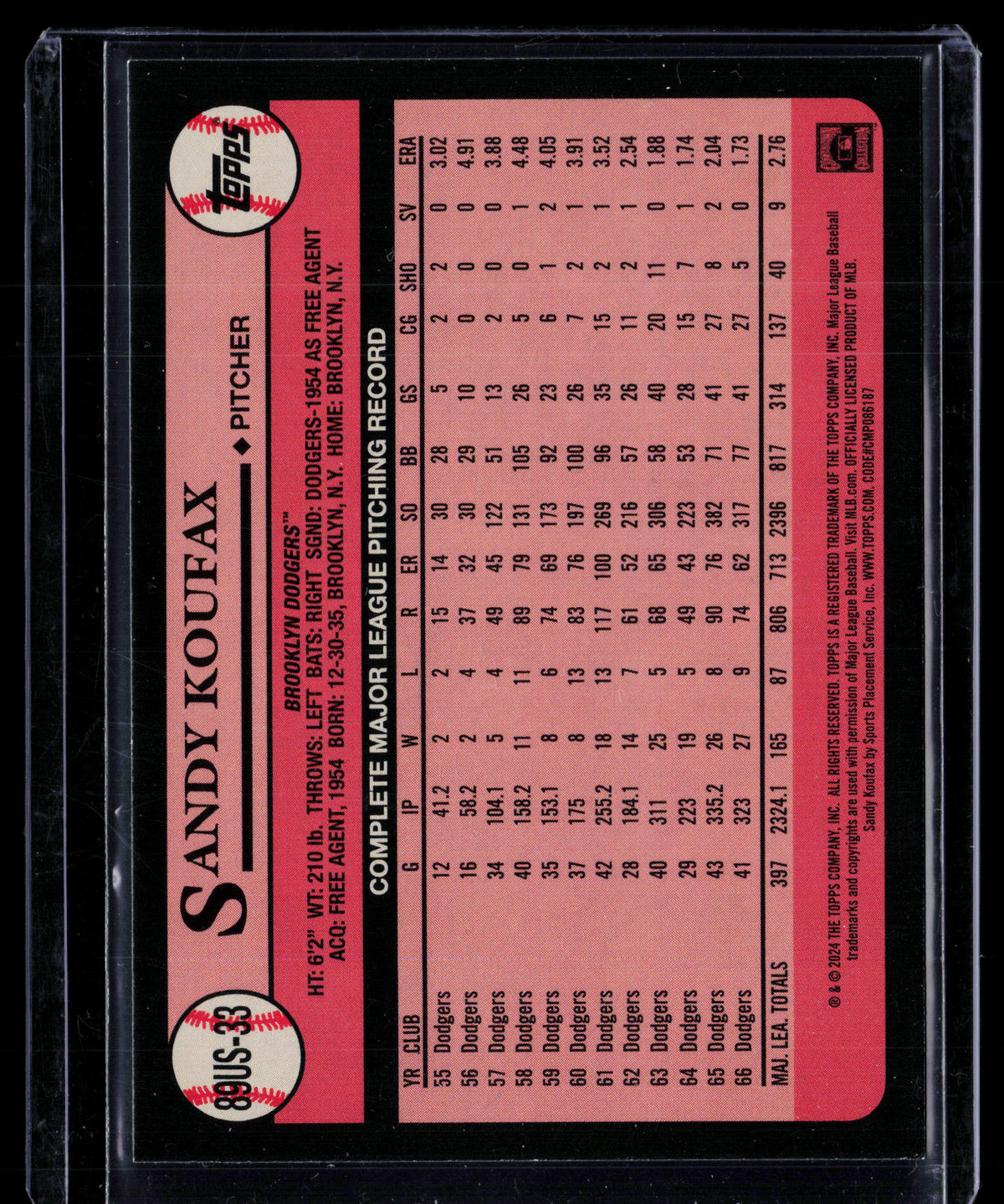 2024 Topps 1989 Topps Baseball Sandy Koufax #89US-33 35th Anniversary