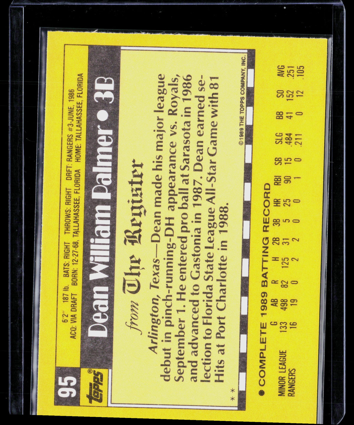 1989 Topps Debut Dean Palmer #95