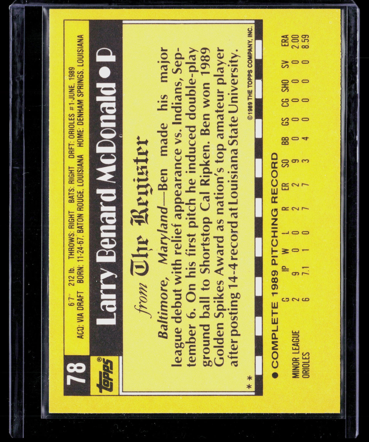 1989 Topps Major League Debut Ben McDonald #78
