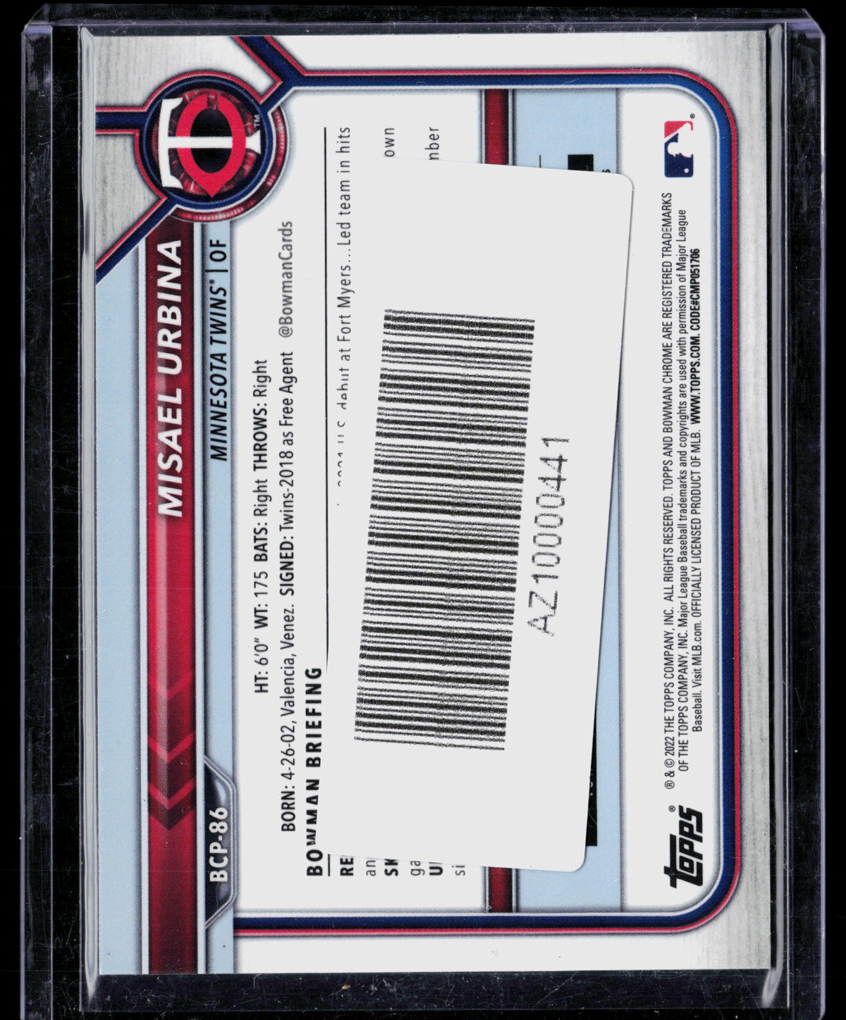 2022 Bowman Chrome Misael Urbina #BCP-86 Aqua Refractor 114/125