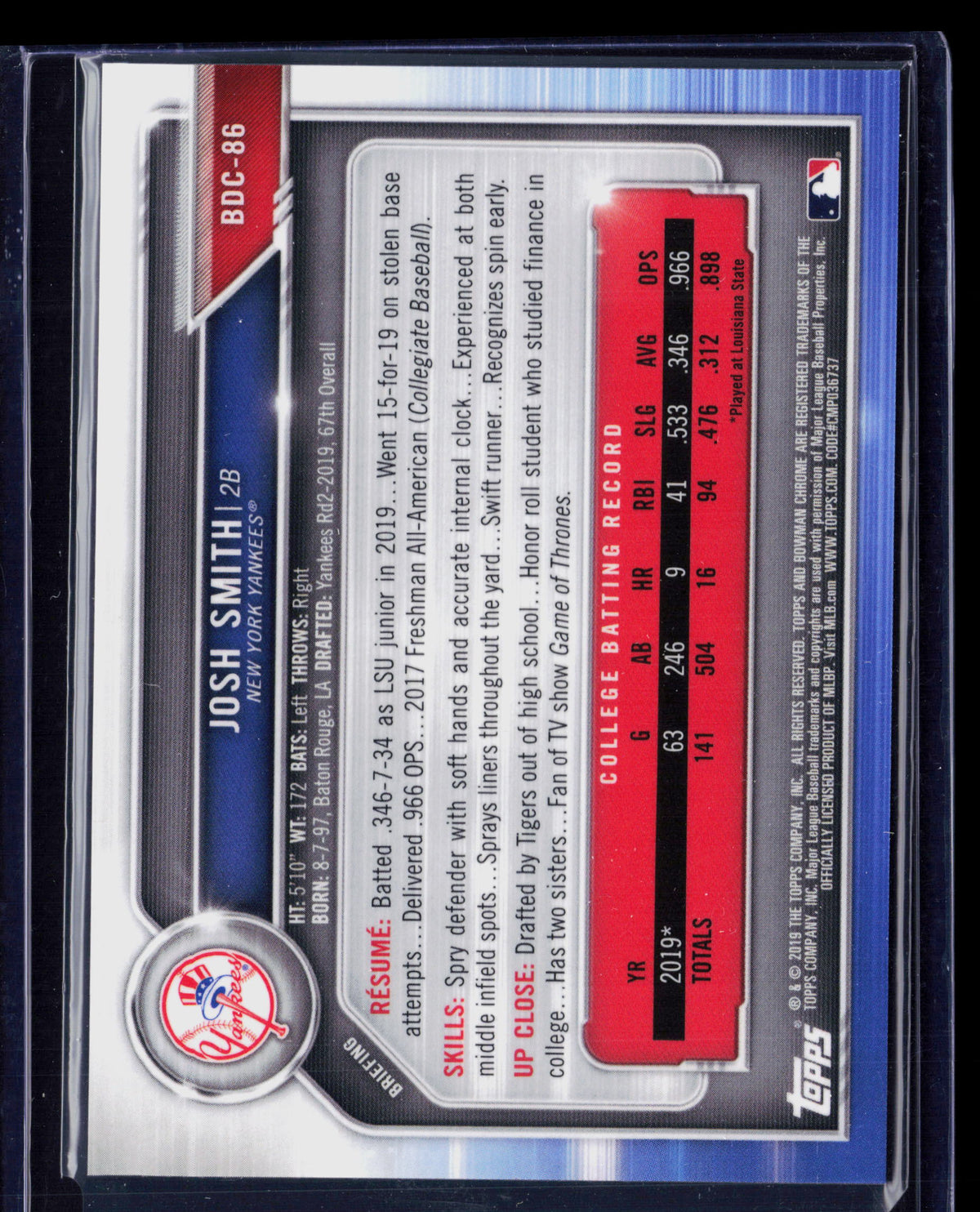 2019 Bowman Draft Chrome Josh Smith #BDC-86 Mojo Refractor