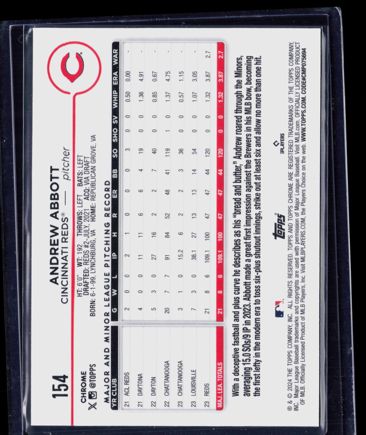 2024 Topps Chrome Andrew Abbott #154 RC