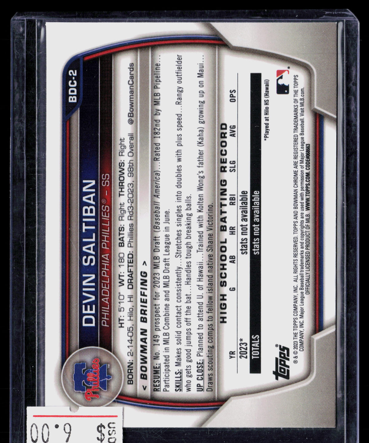 2023 Bowman Draft Chrome Sapphire Devin Saltiban #BDC-2
