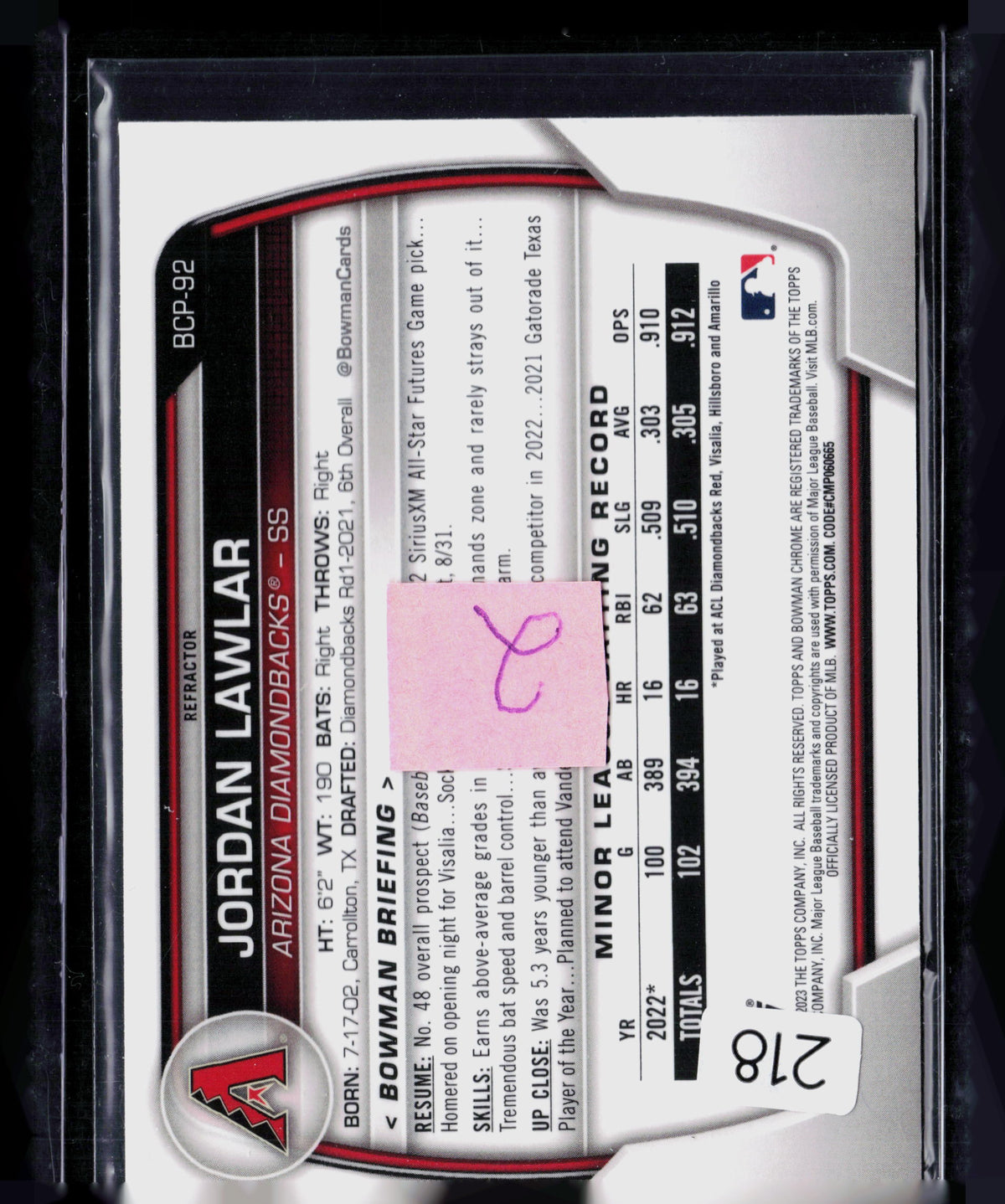 2023 Bowman Chrome Jordan Lawlar #BCP-92 Green Speckle Refractor