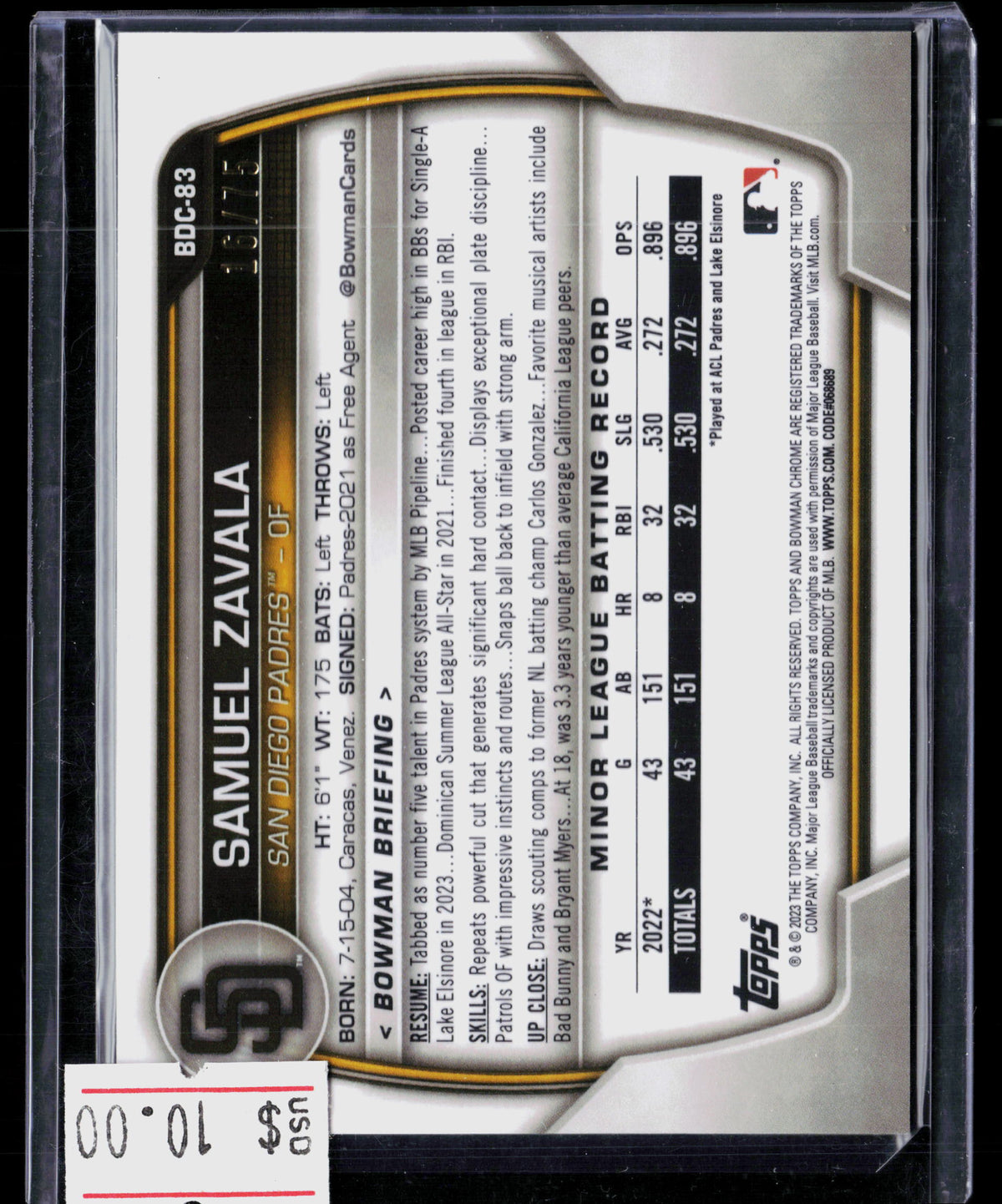 2023 Bowman Draft Chrome Samuel Zavala #BDC-83 Yellow Shimmer 16/75