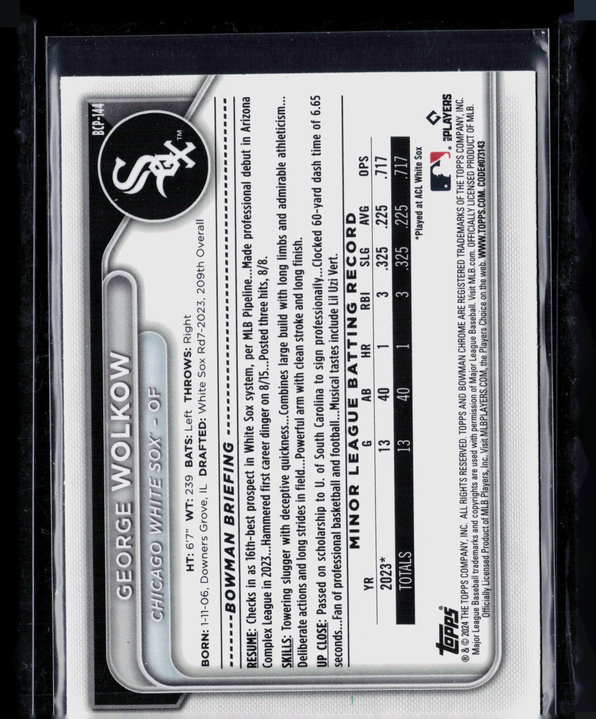 2024 Bowman Chrome George Wolkow #BCP-144 Green