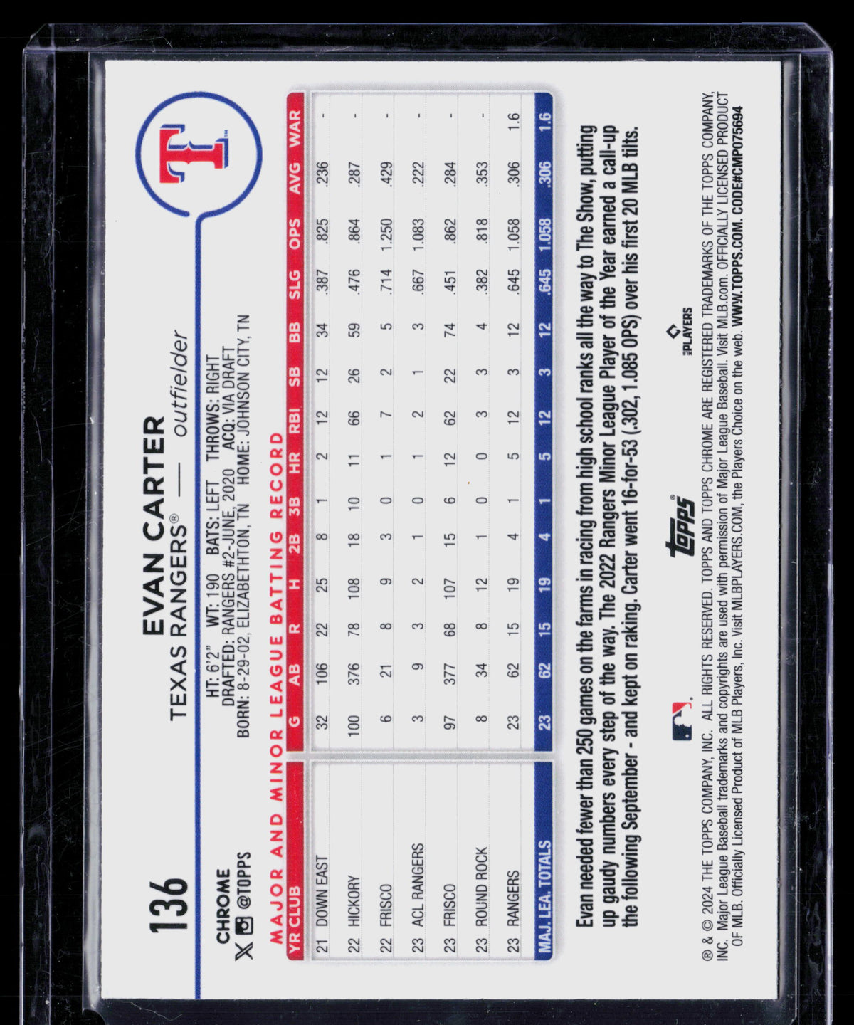 2024 Topps Chrome Evan Carter #136 Pink RC