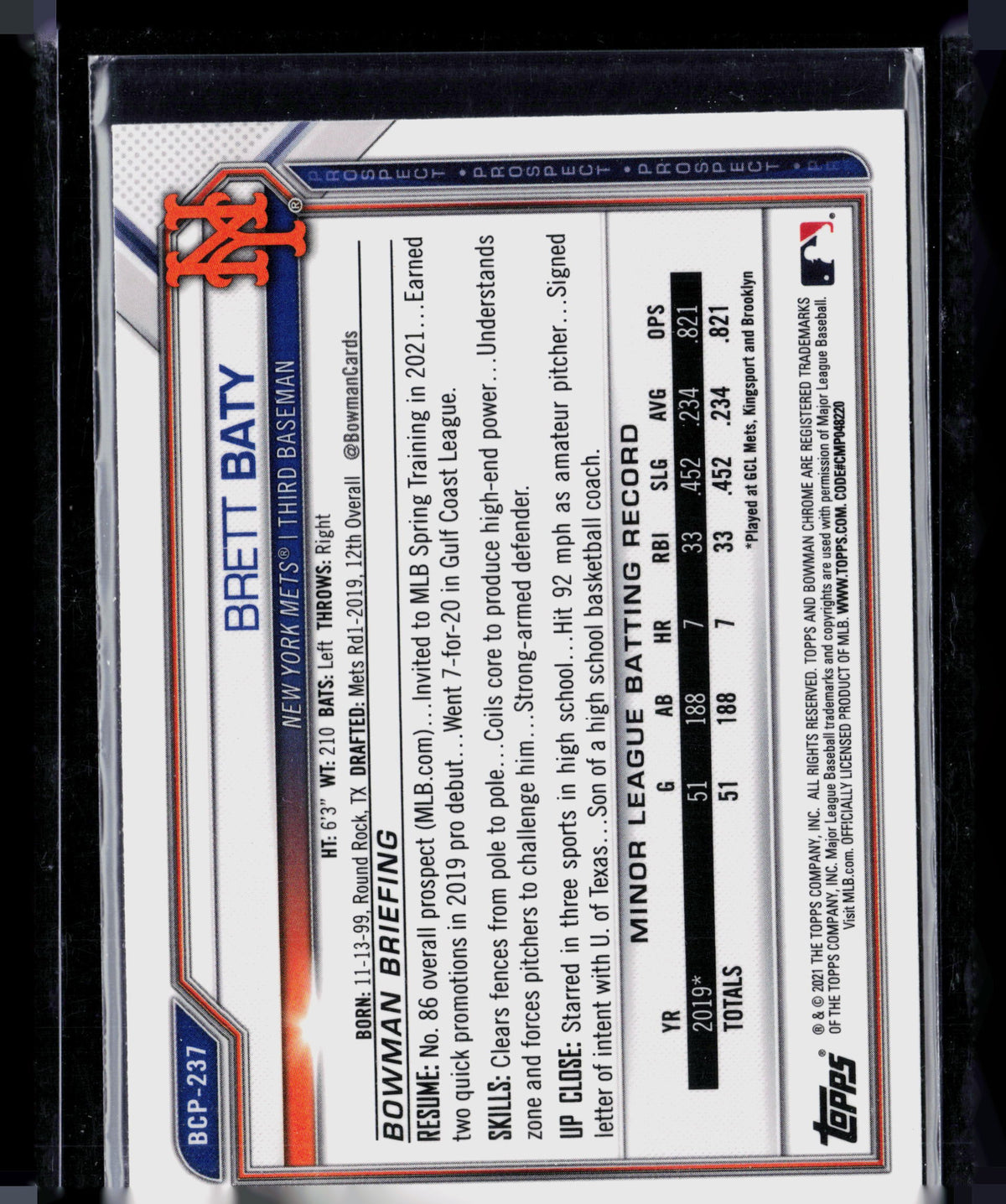2021 Bowman Chrome Mega Box Brett Baty #BCP-237 Mojo Refractor
