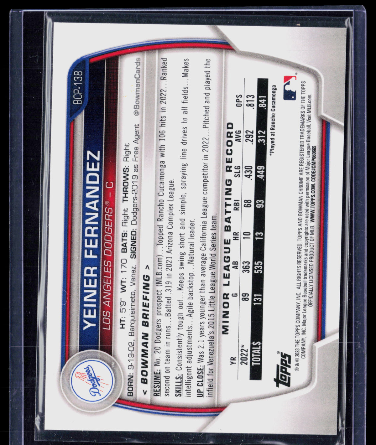 2023 Bowman Chrome Yeiner Fernandez #BCP-138 Speckle Refractor 47/299