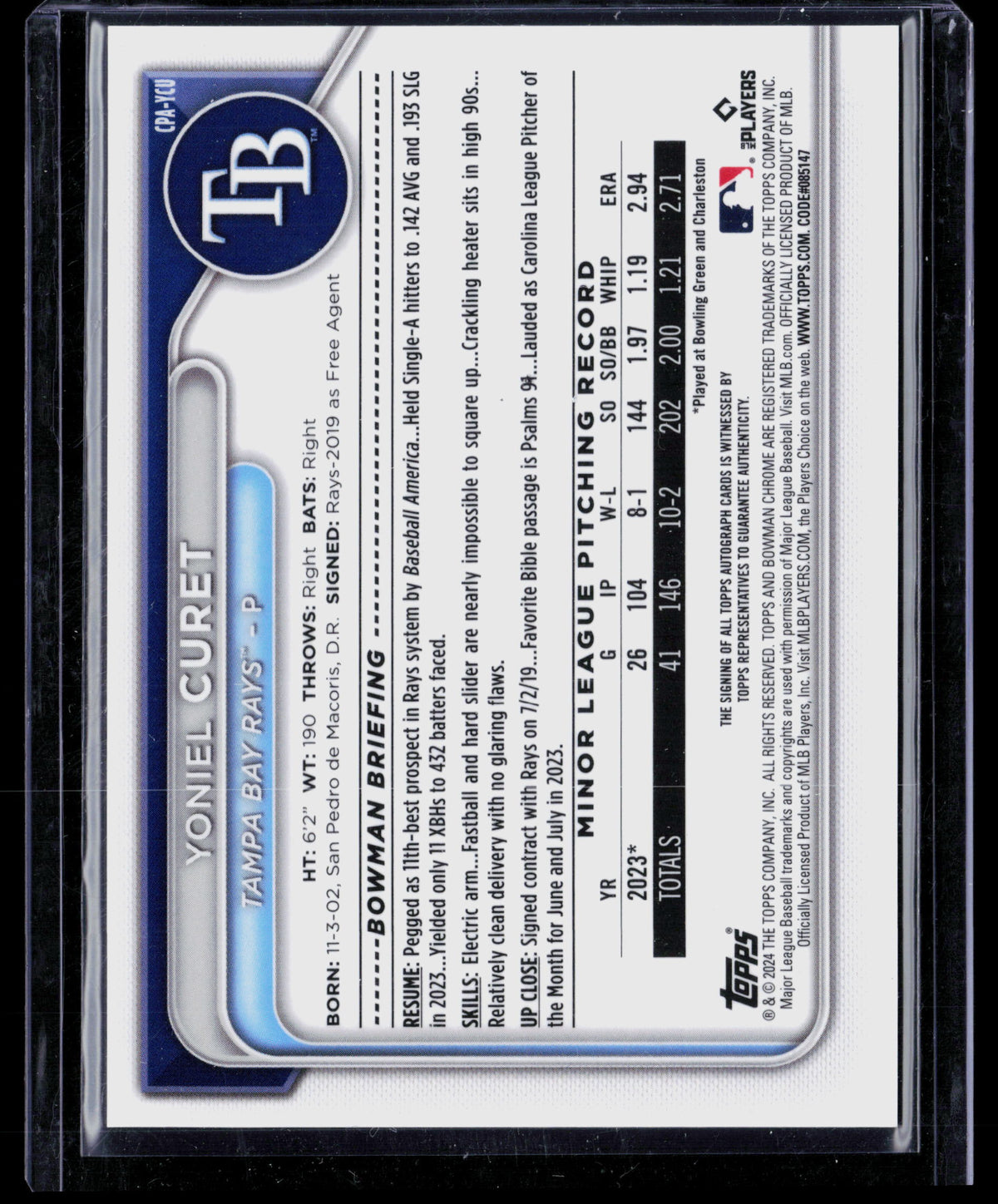 2024 Bowman Chrome Yoniel Curet #CPA-YCU Blue Mojo Refractor 057/150