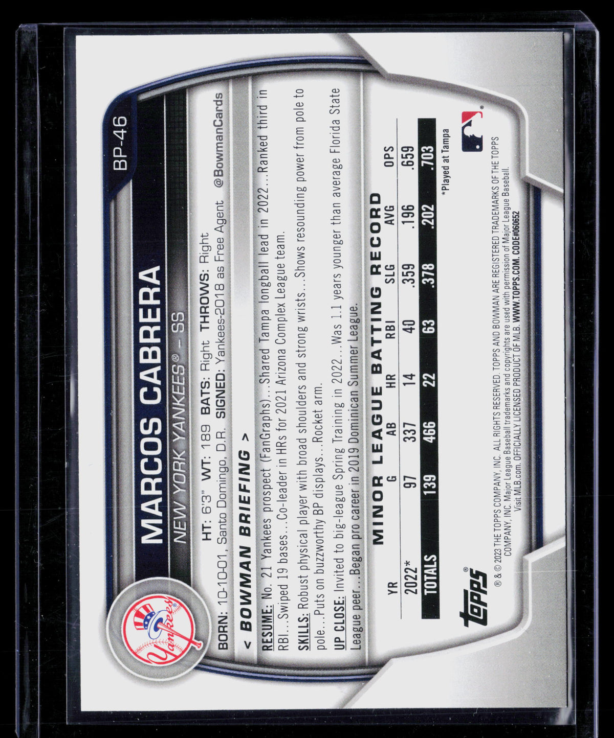 2023 Bowman Marcos Cabrera #BP-46 Purple 168/250